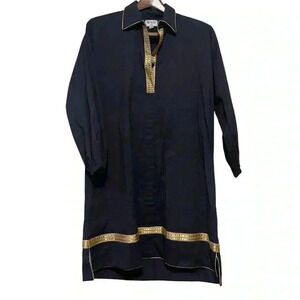 Holly Shae Design Shift Dress Plus Size Navy Blue Metallic Gold Lined Cover-Up